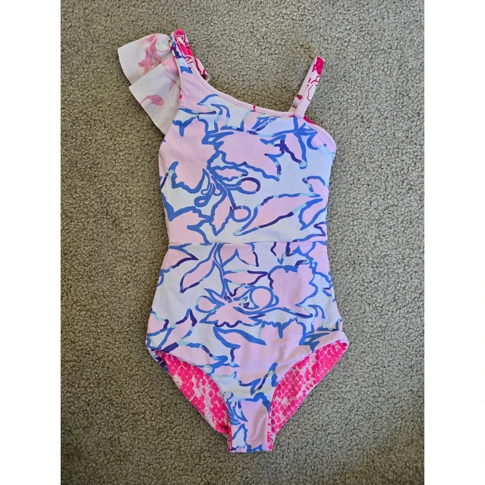 Maaji‎ Girls One Piece Ruffle Swimsuit Snakeskin Floral Pink Blue Size 4